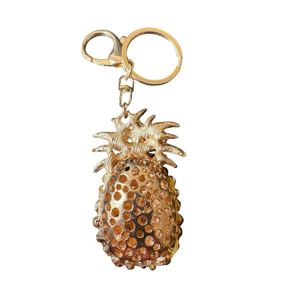 Rhinestone Pineapple Keychain Gold Tone Crystal Fruit Purse Charm Bag Charm